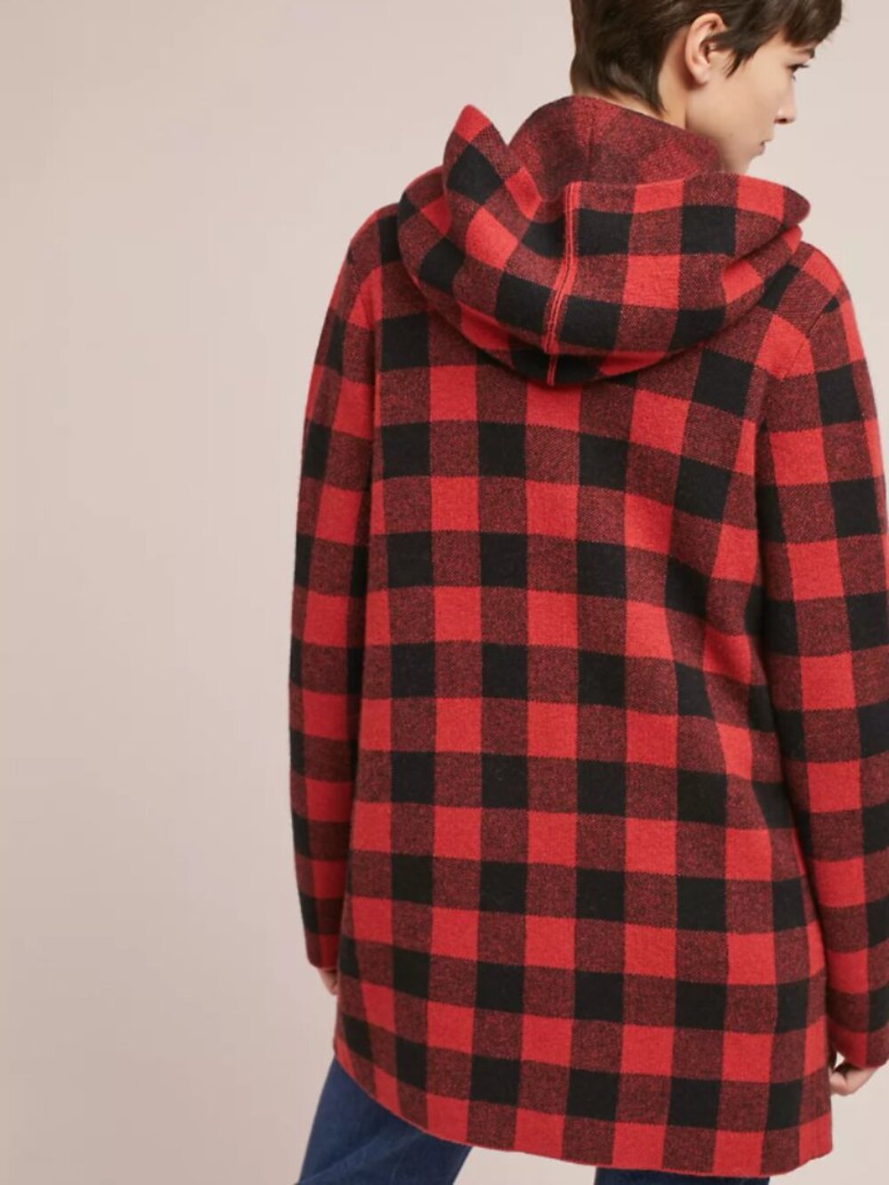 Anthropologie Field Flower Buffalo Plaid Hooded Cardigan Red Womens Size XS Wool - Picture 2 of 13